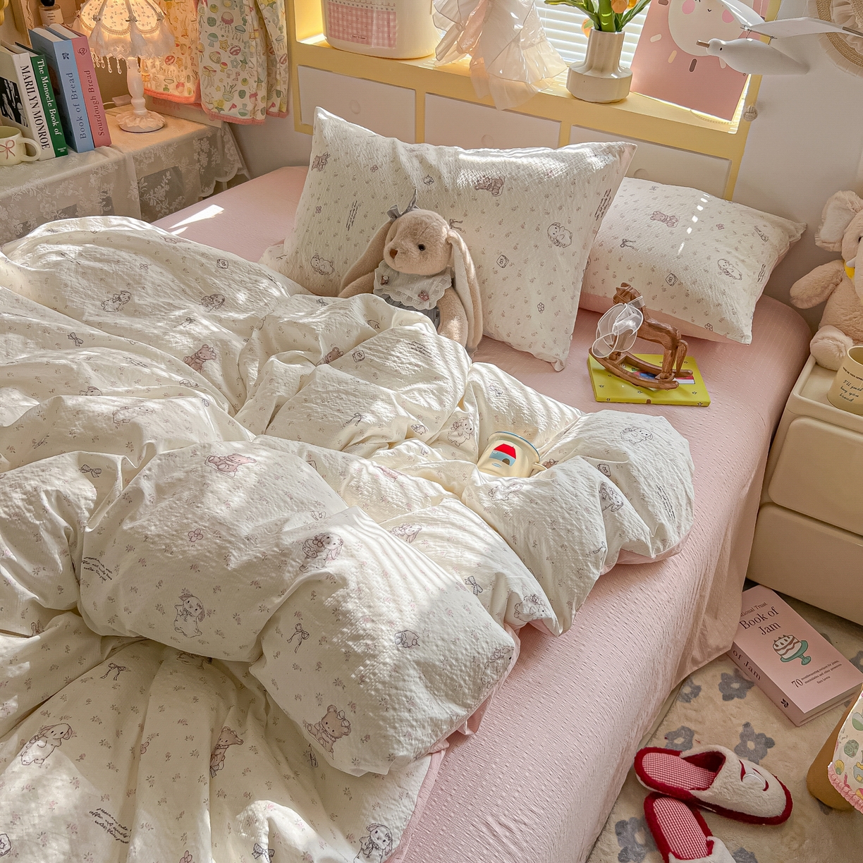 91家纺网 家纺一手货源 找家纺 韩巢家纺 2026新款泡芙纱四件套 悦悦小兔