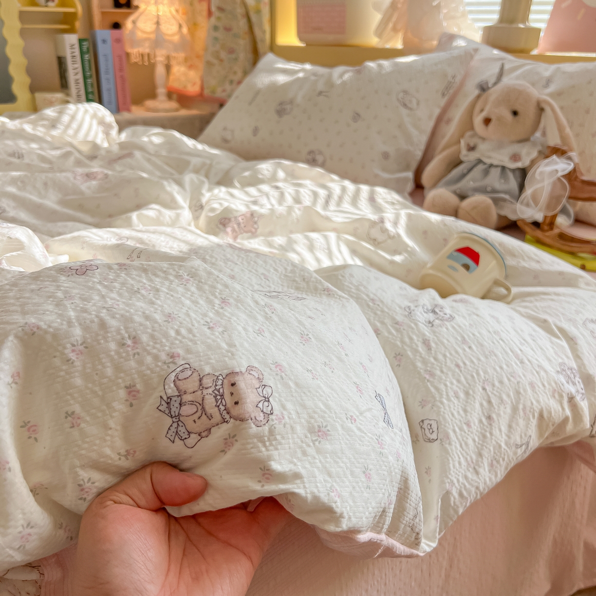 91家纺网 家纺一手货源 找家纺 韩巢家纺 2026新款泡芙纱四件套 悦悦小兔