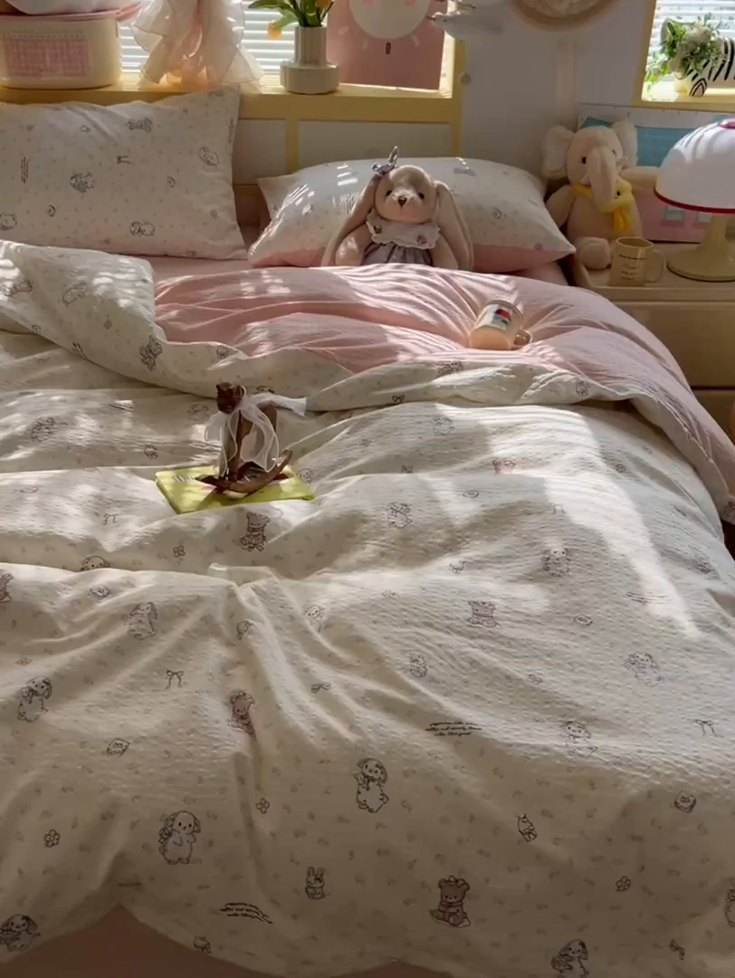 91家纺网 家纺一手货源 找家纺 韩巢家纺 2026新款泡芙纱四件套 悦悦小兔