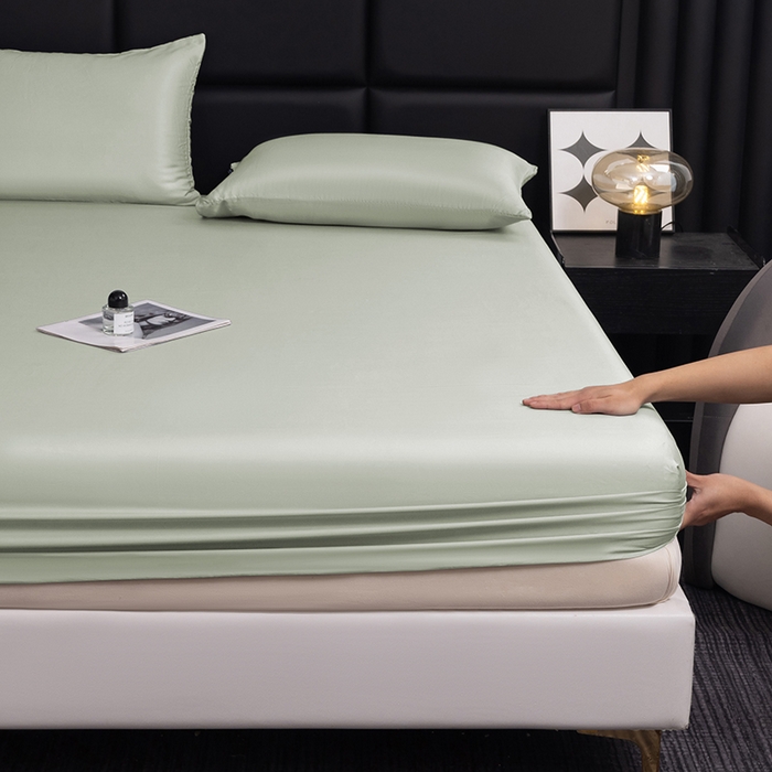 91家纺网 家纺一手货源 找家纺 慕梵家居 2026新款莱赛尔天丝纯色单床笠床笠单件 纱叶绿