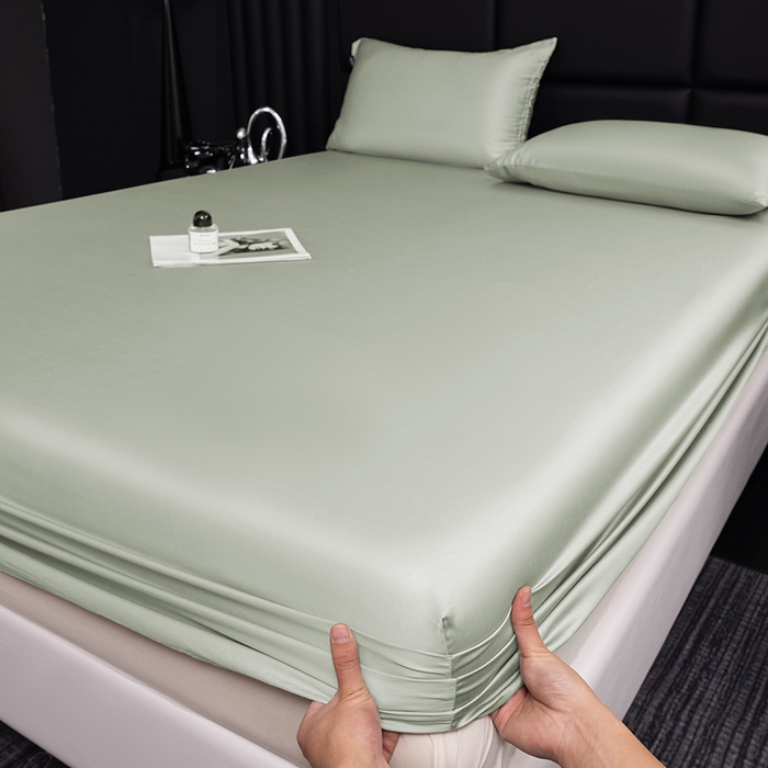 91家纺网 家纺一手货源 找家纺 慕梵家居 2026新款莱赛尔天丝纯色单床笠床笠单件 纱叶绿