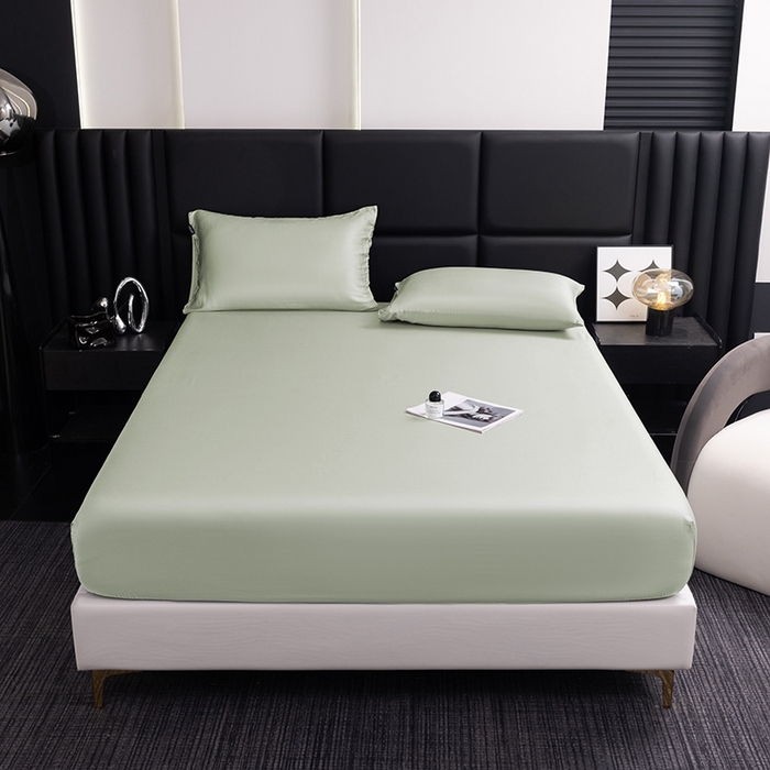 91家纺网 家纺一手货源 找家纺 慕梵家居 2026新款莱赛尔天丝纯色单床笠床笠单件 纱叶绿