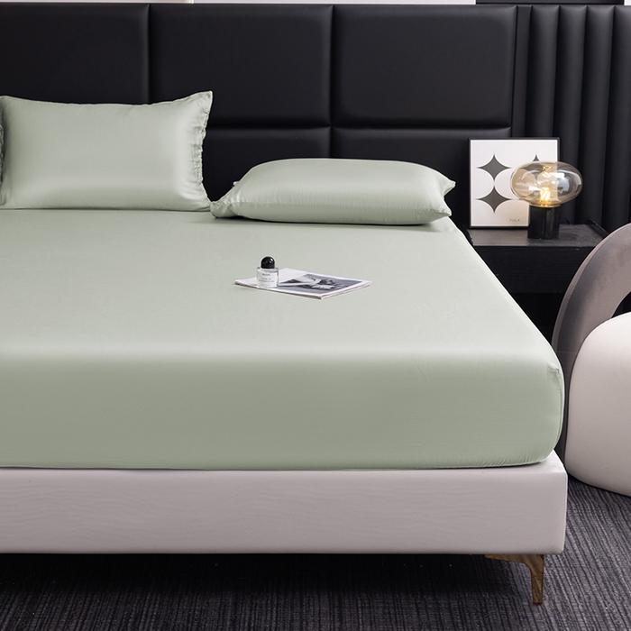 91家纺网 家纺一手货源 找家纺 慕梵家居 2026新款莱赛尔天丝纯色单床笠床笠单件 纱叶绿