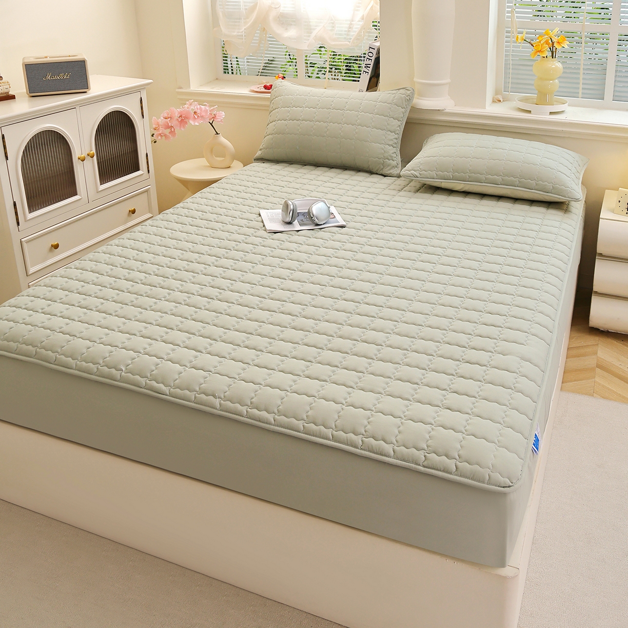 91家纺网 家纺一手货源 找家纺 （总）彩亿家纺 2026新款A类古法水洗仿棉夹棉床笠三件套床垫保护套四季通用床罩-波浪格