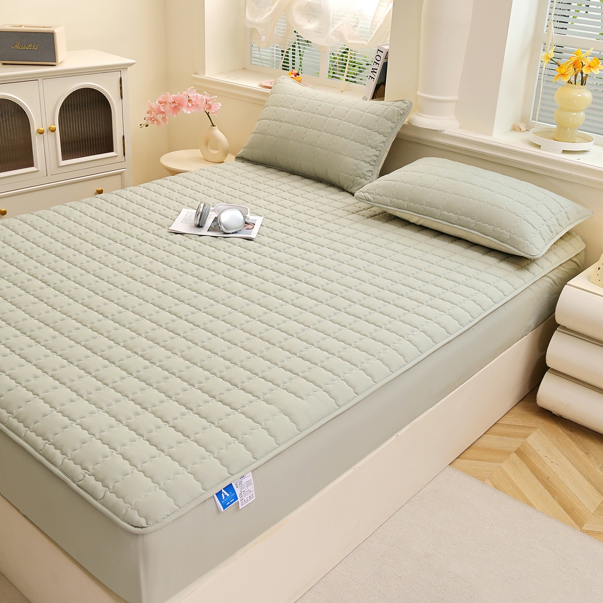 91家纺网 家纺一手货源 找家纺 （总）彩亿家纺 2026新款A类古法水洗仿棉夹棉床笠三件套床垫保护套四季通用床罩-波浪格