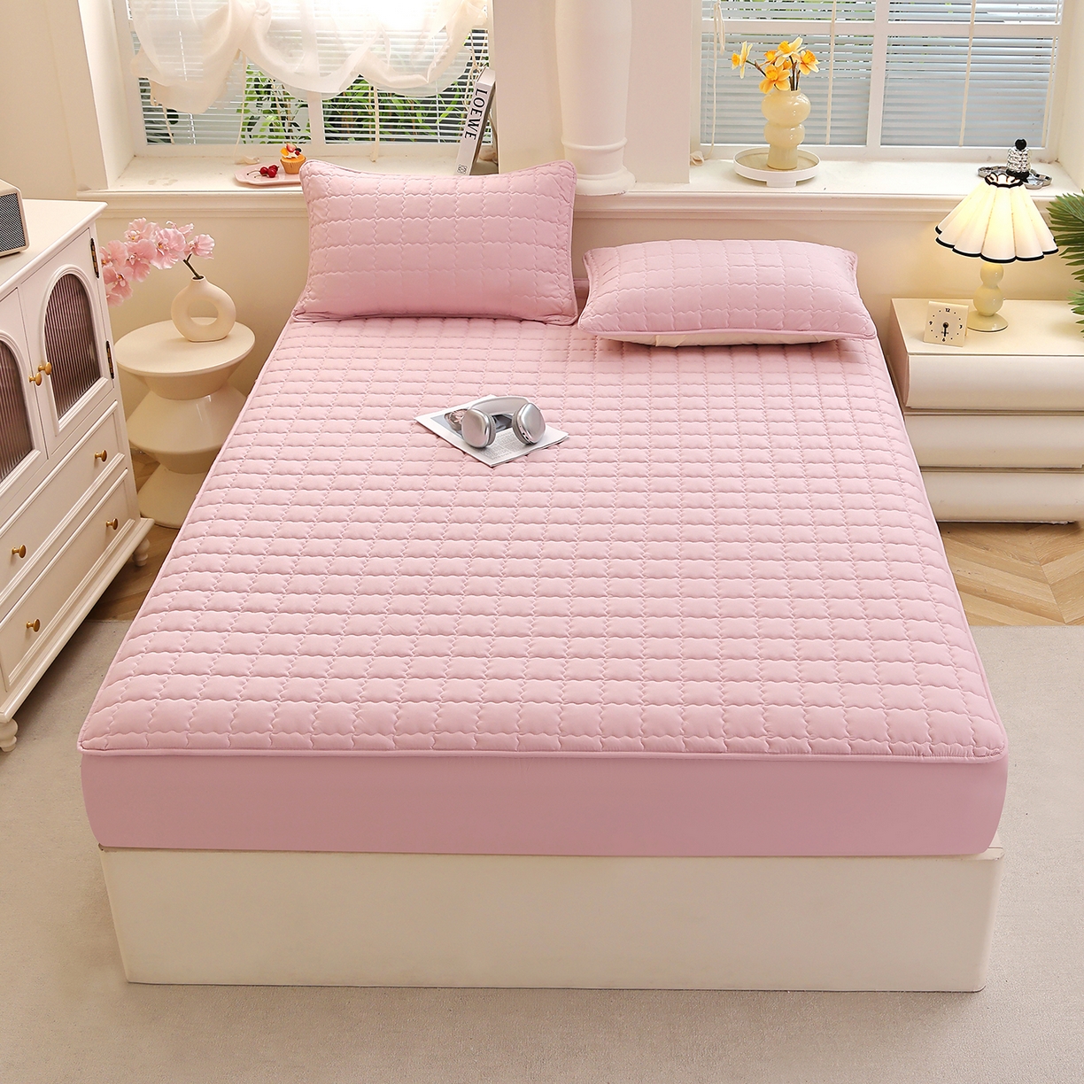 91家纺网 家纺一手货源 找家纺 （总）彩亿家纺 2026新款A类古法水洗仿棉夹棉床笠三件套床垫保护套四季通用床罩-波浪格