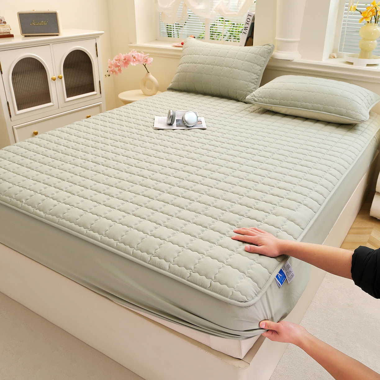 91家纺网 家纺一手货源 找家纺 （总）彩亿家纺 2026新款A类古法水洗仿棉夹棉床笠三件套床垫保护套四季通用床罩-波浪格