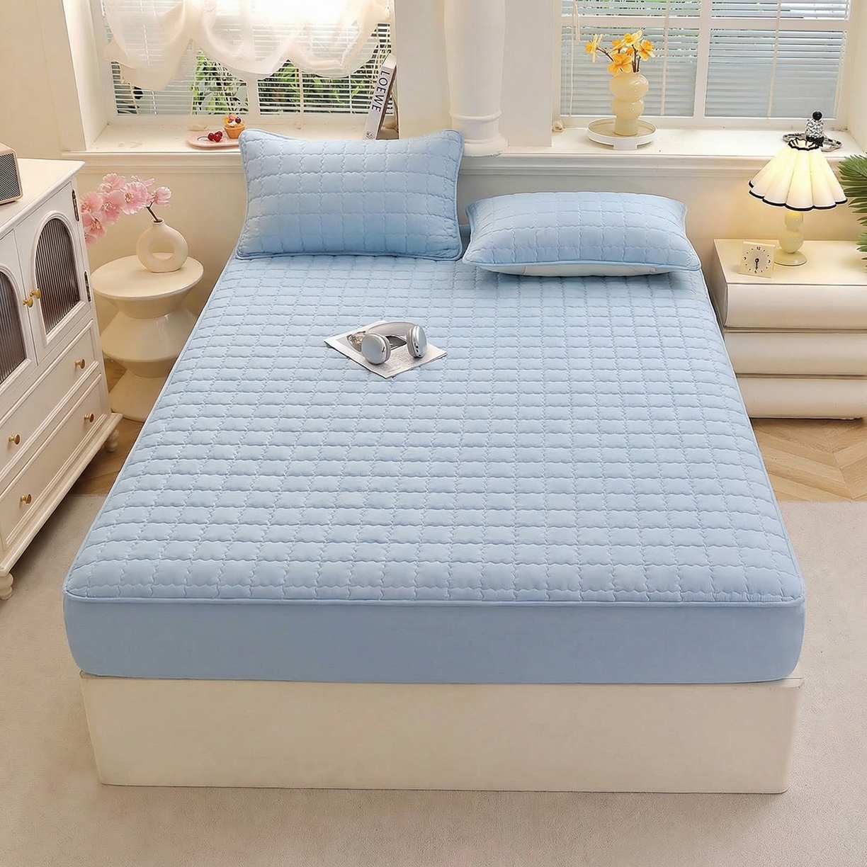 彩亿家纺 2026新款A类古法水洗仿棉夹棉床笠三件套床垫保护套四季通用床罩-波浪格 波浪格-浅石蓝