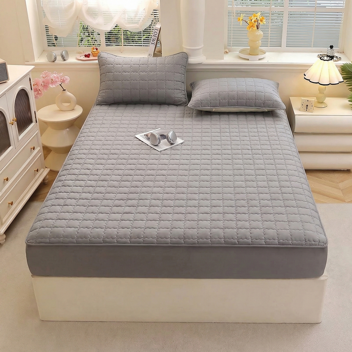 彩亿家纺 2026新款A类古法水洗仿棉夹棉床笠三件套床垫保护套四季通用床罩-波浪格 波浪格-星河灰