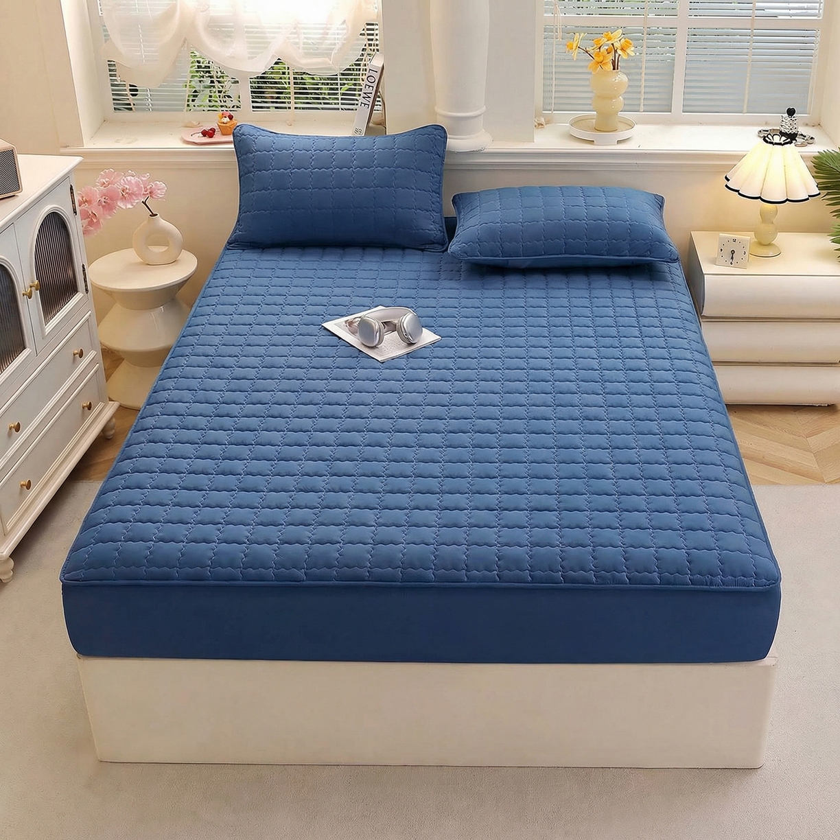 彩亿家纺 2026新款A类古法水洗仿棉夹棉床笠三件套床垫保护套四季通用床罩-波浪格 波浪格-蔚蓝