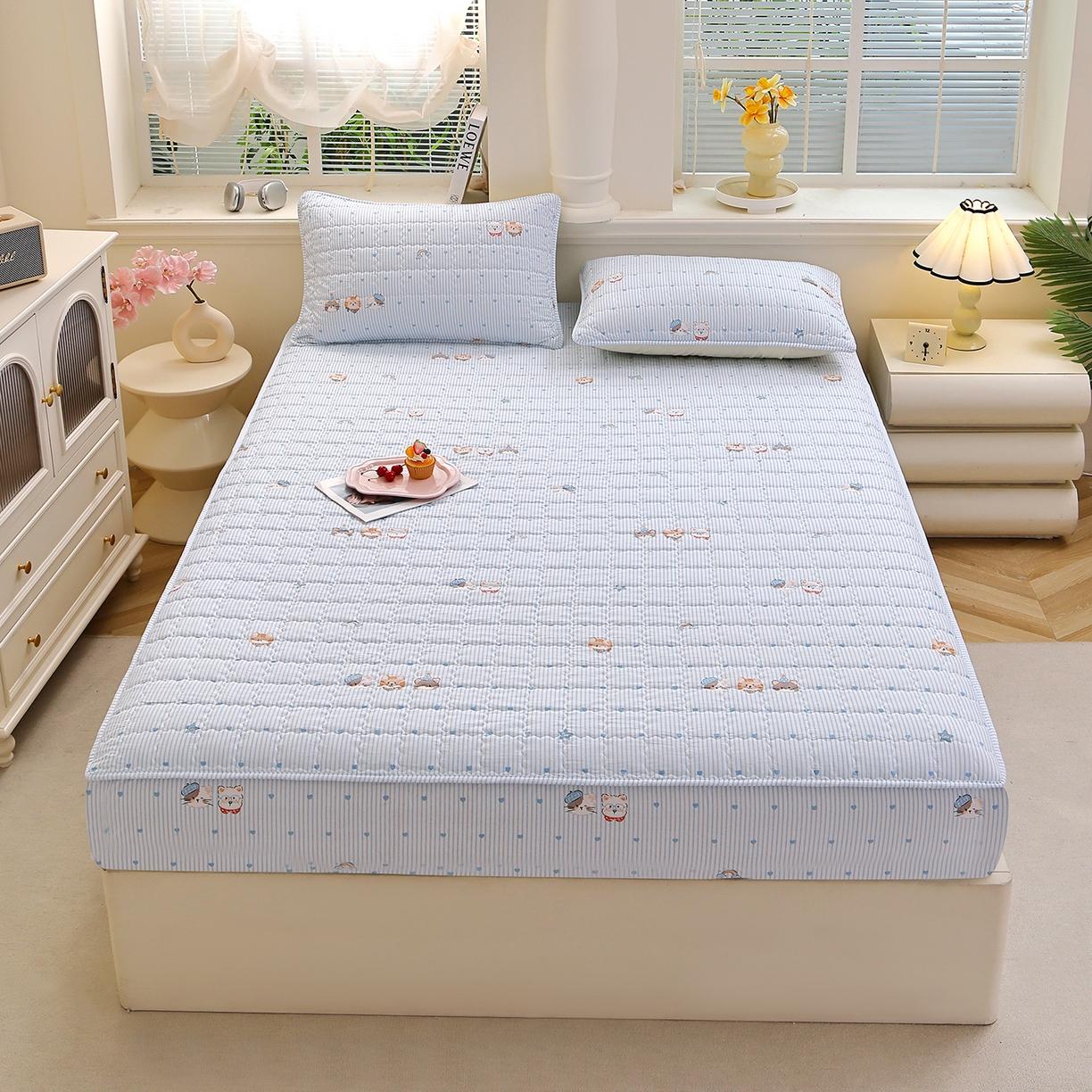 91家纺网 家纺一手货源 找家纺 （总）彩亿家纺 2026新款A类古法水洗仿棉夹棉床笠三件套床垫保护套四季通用床罩-波浪格