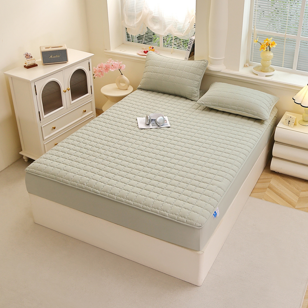 91家纺网 家纺一手货源 找家纺 彩亿家纺 2026新款A类古法水洗仿棉夹棉床笠三件套床垫保护套四季通用床罩-波浪格 波浪格-苹果绿