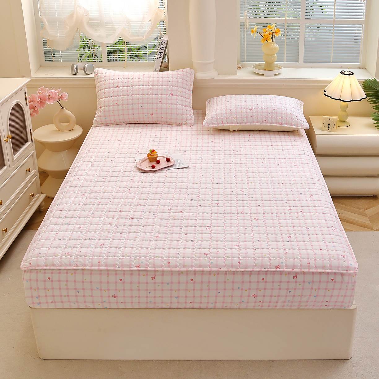 彩亿家纺 2026新款A类古法水洗仿棉夹棉床笠三件套床垫保护套四季通用床罩-波浪格 波浪格-爱心格