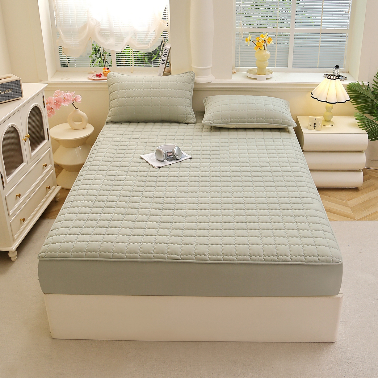 彩亿家纺 2026新款A类古法水洗仿棉夹棉床笠三件套床垫保护套四季通用床罩-波浪格 波浪格-苹果绿