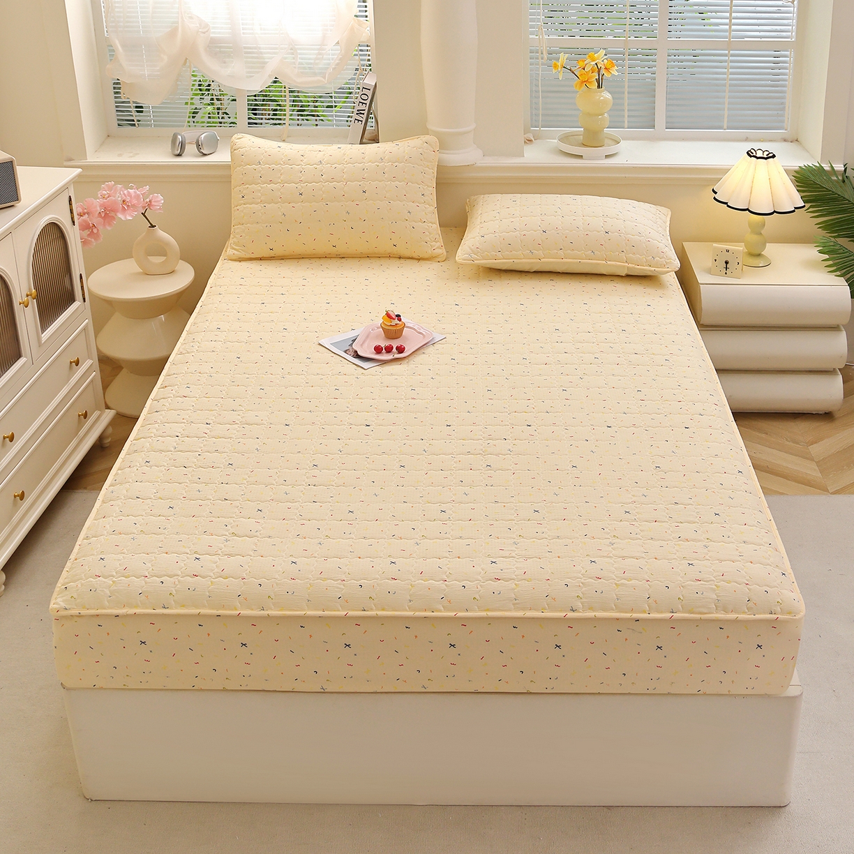 彩亿家纺 2026新款A类古法水洗仿棉夹棉床笠三件套床垫保护套四季通用床罩-波浪格 波浪格-星星点点