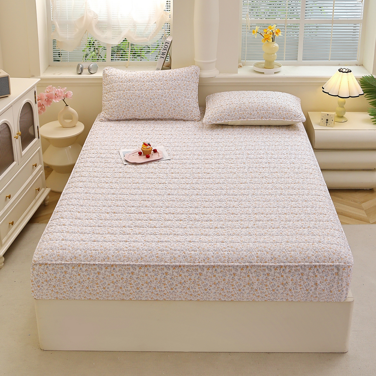 彩亿家纺 2026新款A类古法水洗仿棉夹棉床笠三件套床垫保护套四季通用床罩-波浪格 波浪格-花梦棕