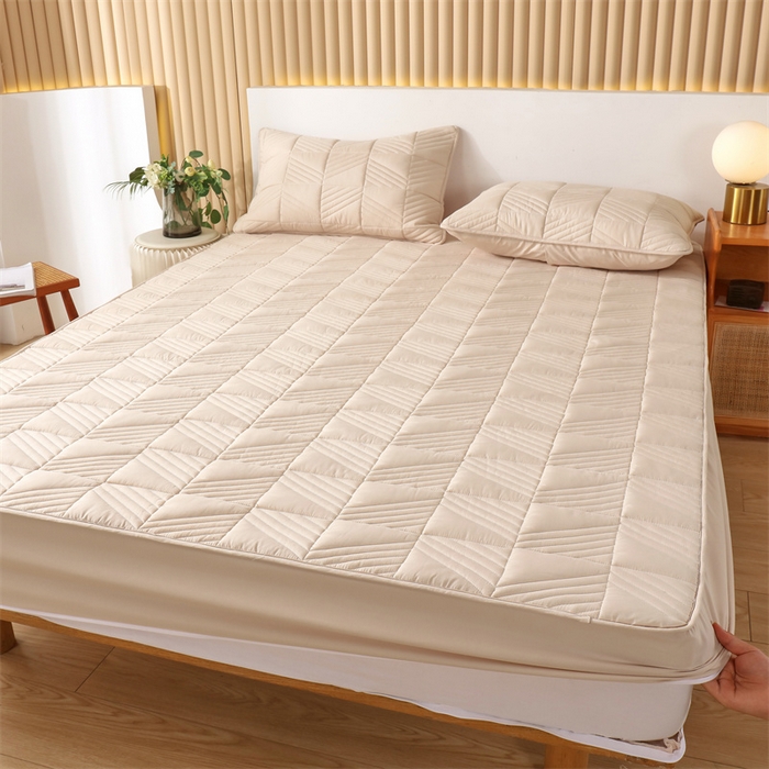 91家纺网 家纺一手货源 找家纺 伊赛家纺 2026新款夹棉加厚防螨格子床笠 卡其