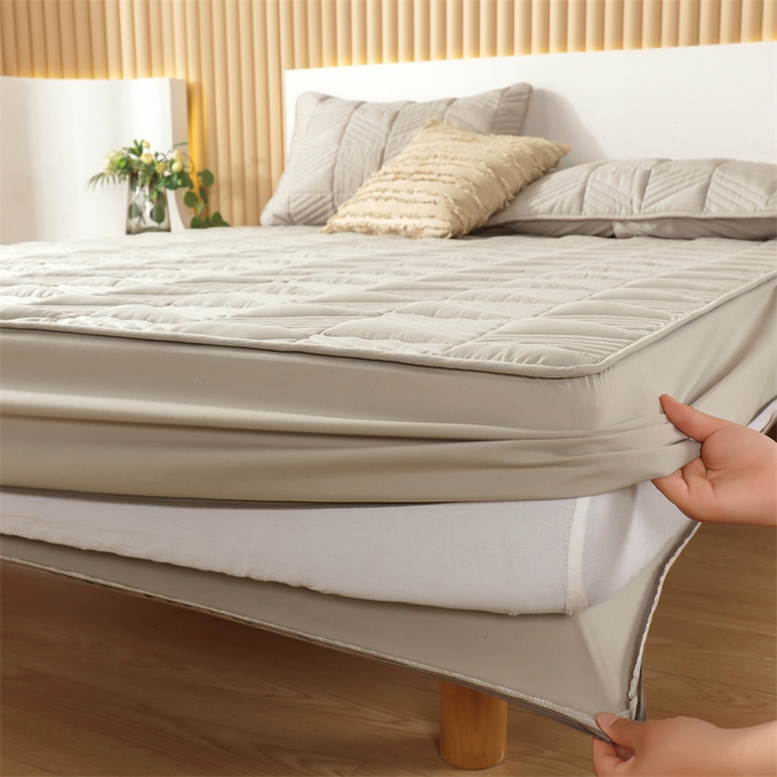 91家纺网 家纺一手货源 找家纺 伊赛家纺 2026新款夹棉加厚防螨格子床笠 浅灰