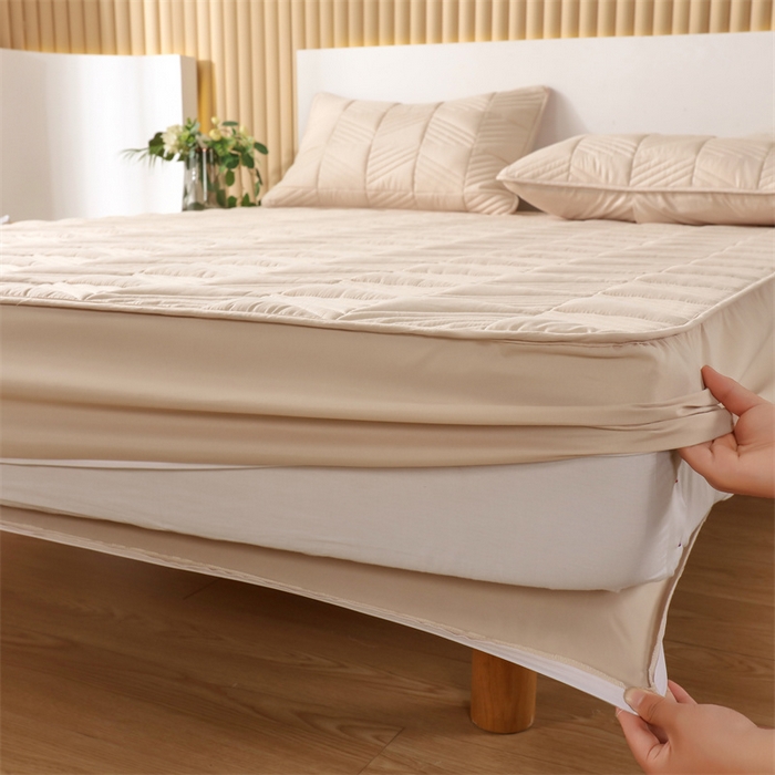 91家纺网 家纺一手货源 找家纺 伊赛家纺 2026新款夹棉加厚防螨格子床笠 卡其