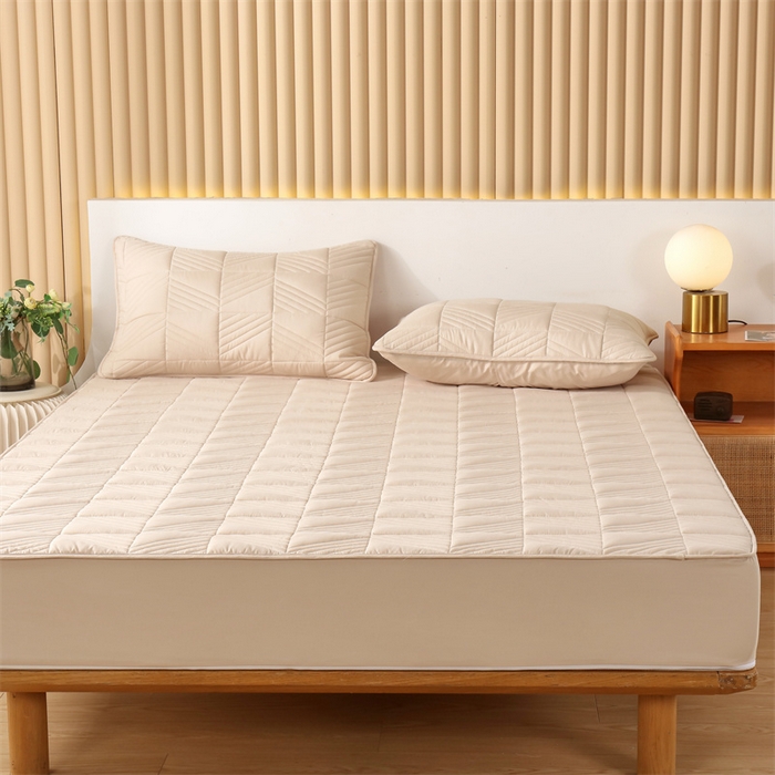 91家纺网 家纺一手货源 找家纺 伊赛家纺 2026新款夹棉加厚防螨格子床笠 卡其