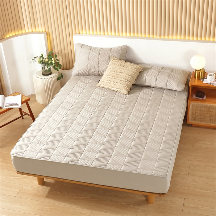 91家纺网 家纺一手货源 找家纺 伊赛家纺 2026新款夹棉加厚防螨格子床笠 浅灰