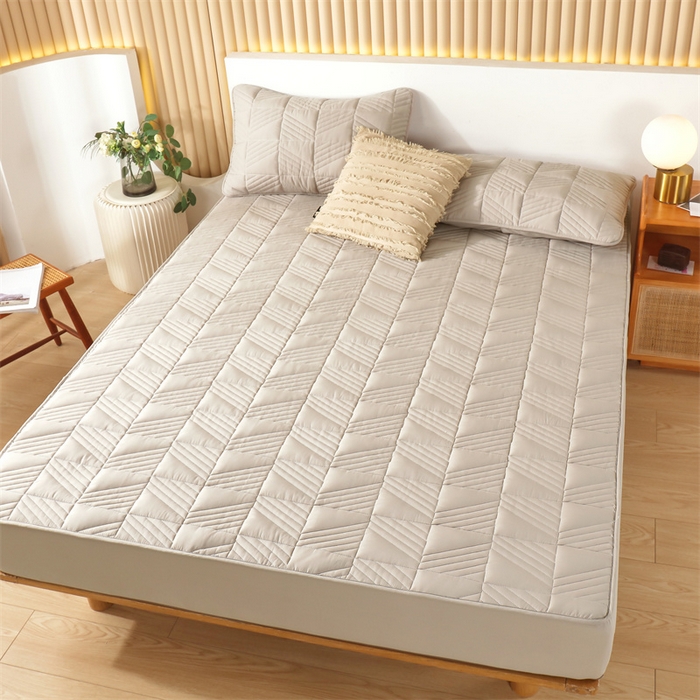 91家纺网 家纺一手货源 找家纺 伊赛家纺 2026新款夹棉加厚防螨格子床笠 浅灰