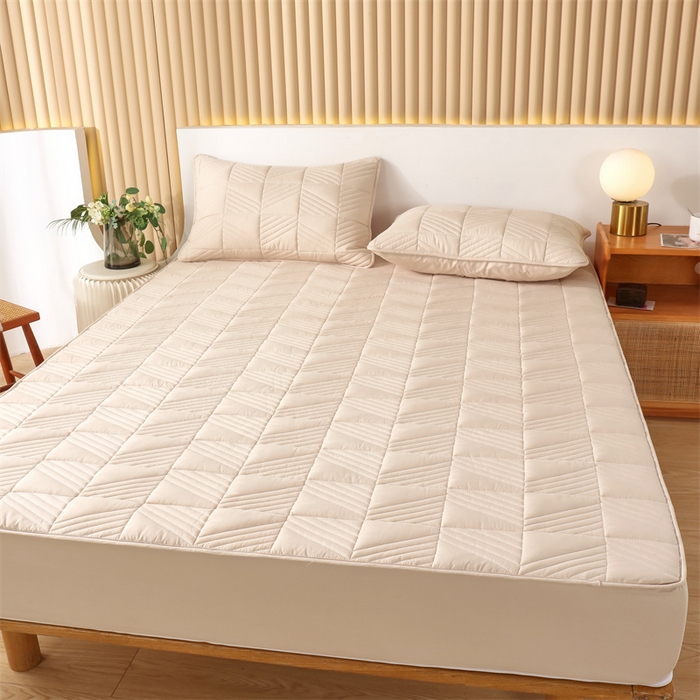 91家纺网 家纺一手货源 找家纺 伊赛家纺 2026新款夹棉加厚防螨格子床笠 卡其