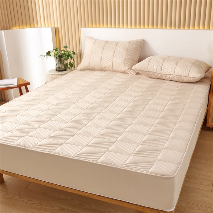 91家纺网 家纺一手货源 找家纺 伊赛家纺 2026新款夹棉加厚防螨格子床笠 卡其