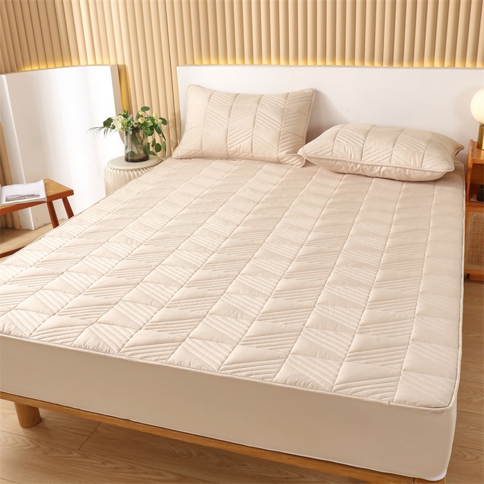 91家纺网 家纺一手货源 找家纺 伊赛家纺 2026新款夹棉加厚防螨格子床笠 卡其