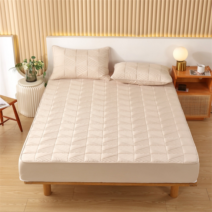 91家纺网 家纺一手货源 找家纺 伊赛家纺 2026新款夹棉加厚防螨格子床笠 卡其