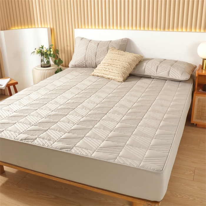 91家纺网 家纺一手货源 找家纺 伊赛家纺 2026新款夹棉加厚防螨格子床笠 浅灰