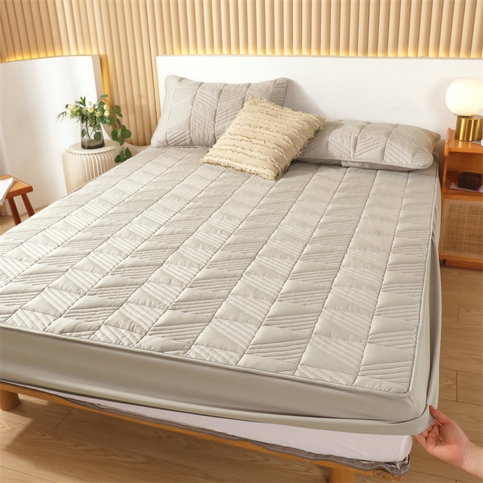 伊赛家纺 2026新款夹棉加厚防螨格子床笠 浅灰