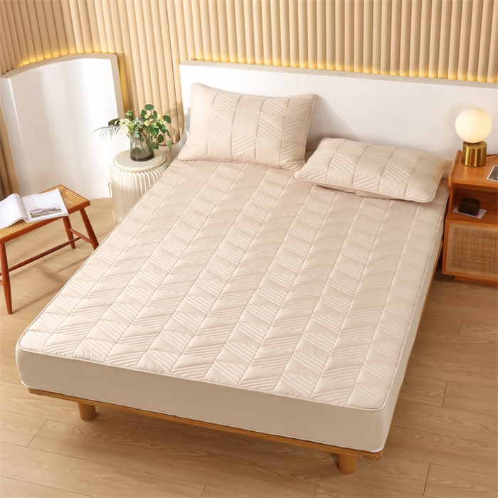 91家纺网 家纺一手货源 找家纺 伊赛家纺 2026新款夹棉加厚防螨格子床笠 卡其