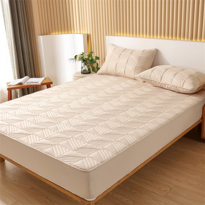 91家纺网 家纺一手货源 找家纺 伊赛家纺 2026新款夹棉加厚防螨格子床笠 卡其