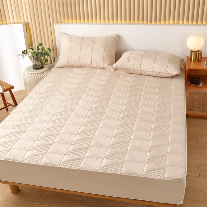 91家纺网 家纺一手货源 找家纺 伊赛家纺 2026新款夹棉加厚防螨格子床笠 卡其