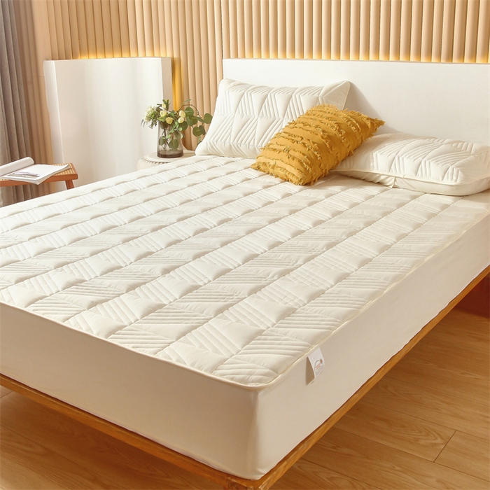 91家纺网 家纺一手货源 找家纺 伊赛家纺 2026新款夹棉加厚防螨格子床笠 米黄色