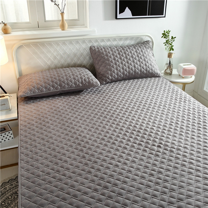 91家纺网 家纺一手货源 找家纺 伊赛家纺 2026新款夹棉加厚防螨格子床笠 方灰