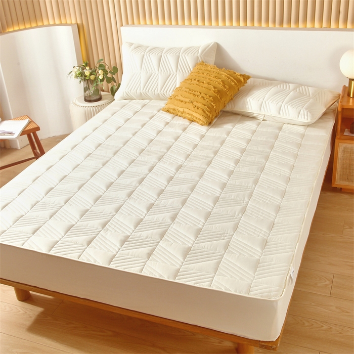 91家纺网 家纺一手货源 找家纺 伊赛家纺 2026新款夹棉加厚防螨格子床笠 米黄色