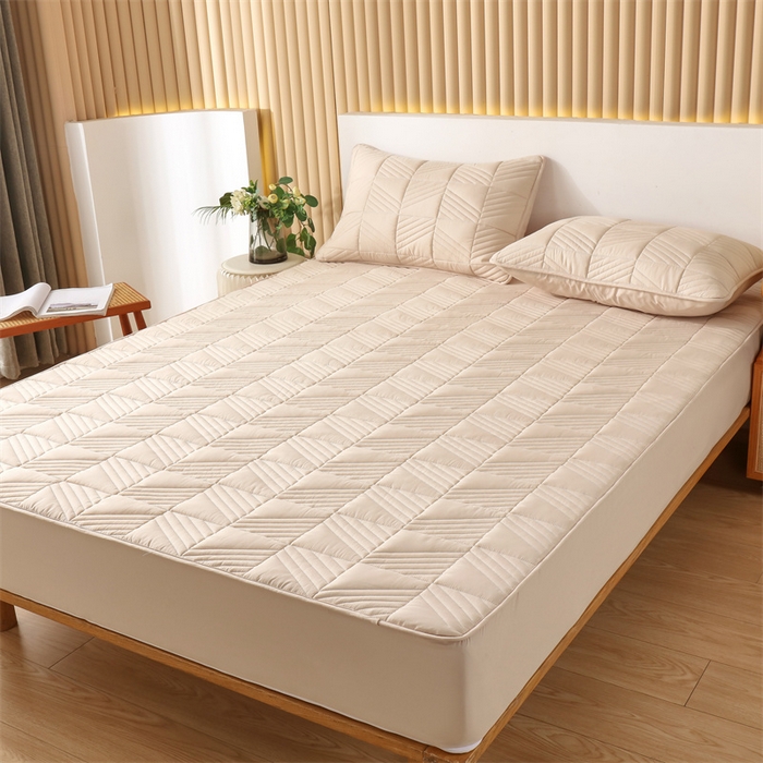 91家纺网 家纺一手货源 找家纺 伊赛家纺 2026新款夹棉加厚防螨格子床笠 卡其