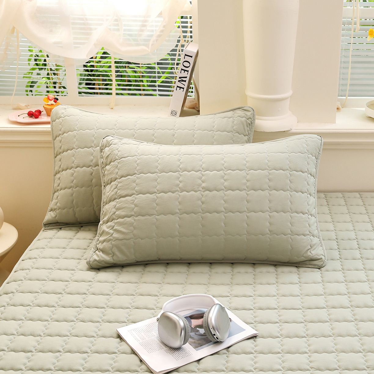 91家纺网 家纺一手货源 找家纺 彩亿家纺 2026新款A类古法水洗仿棉夹棉床笠三件套床垫保护套四季通用床罩-波浪格 波浪格-苹果绿