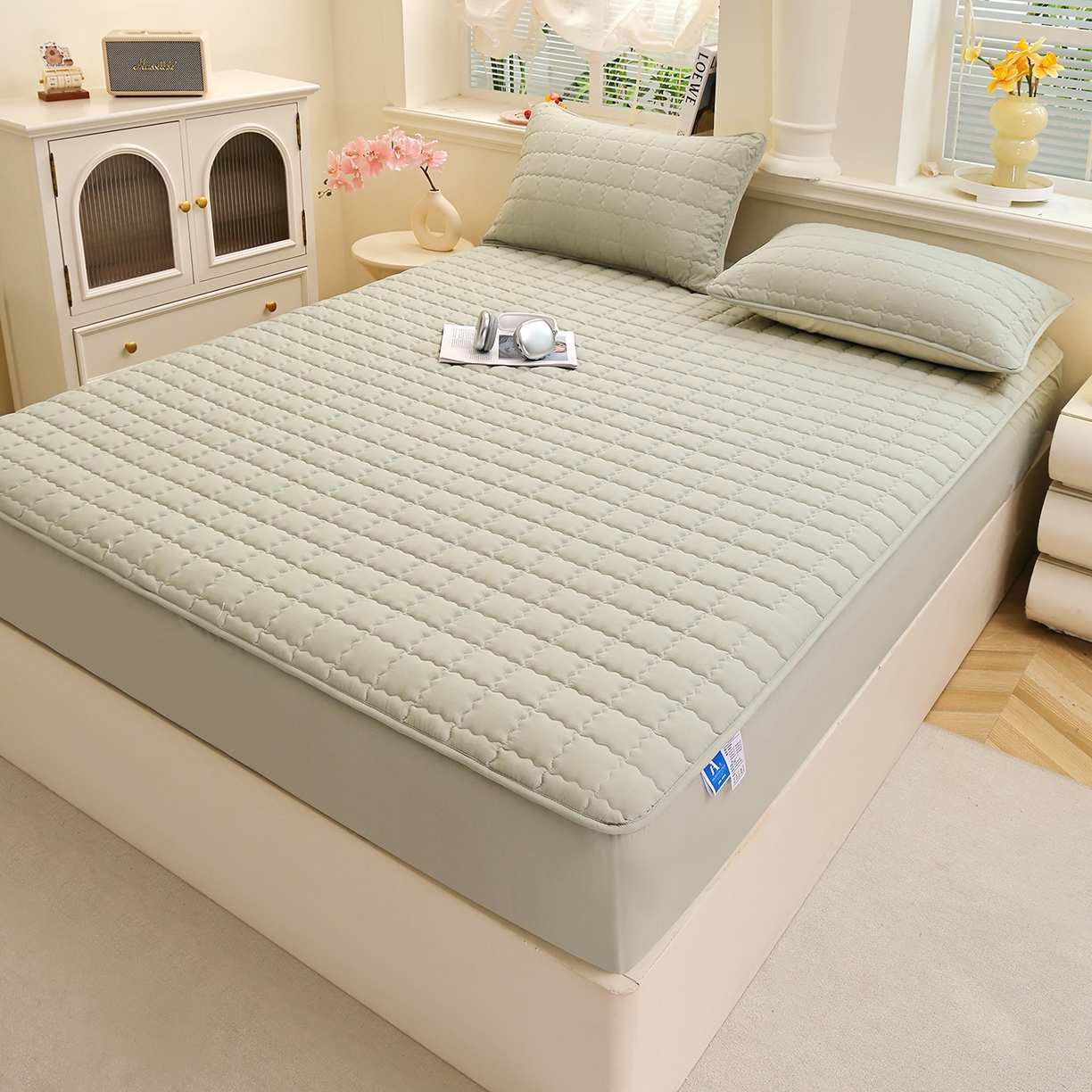 91家纺网 家纺一手货源 找家纺 彩亿家纺 2026新款A类古法水洗仿棉夹棉床笠三件套床垫保护套四季通用床罩-波浪格 波浪格-苹果绿