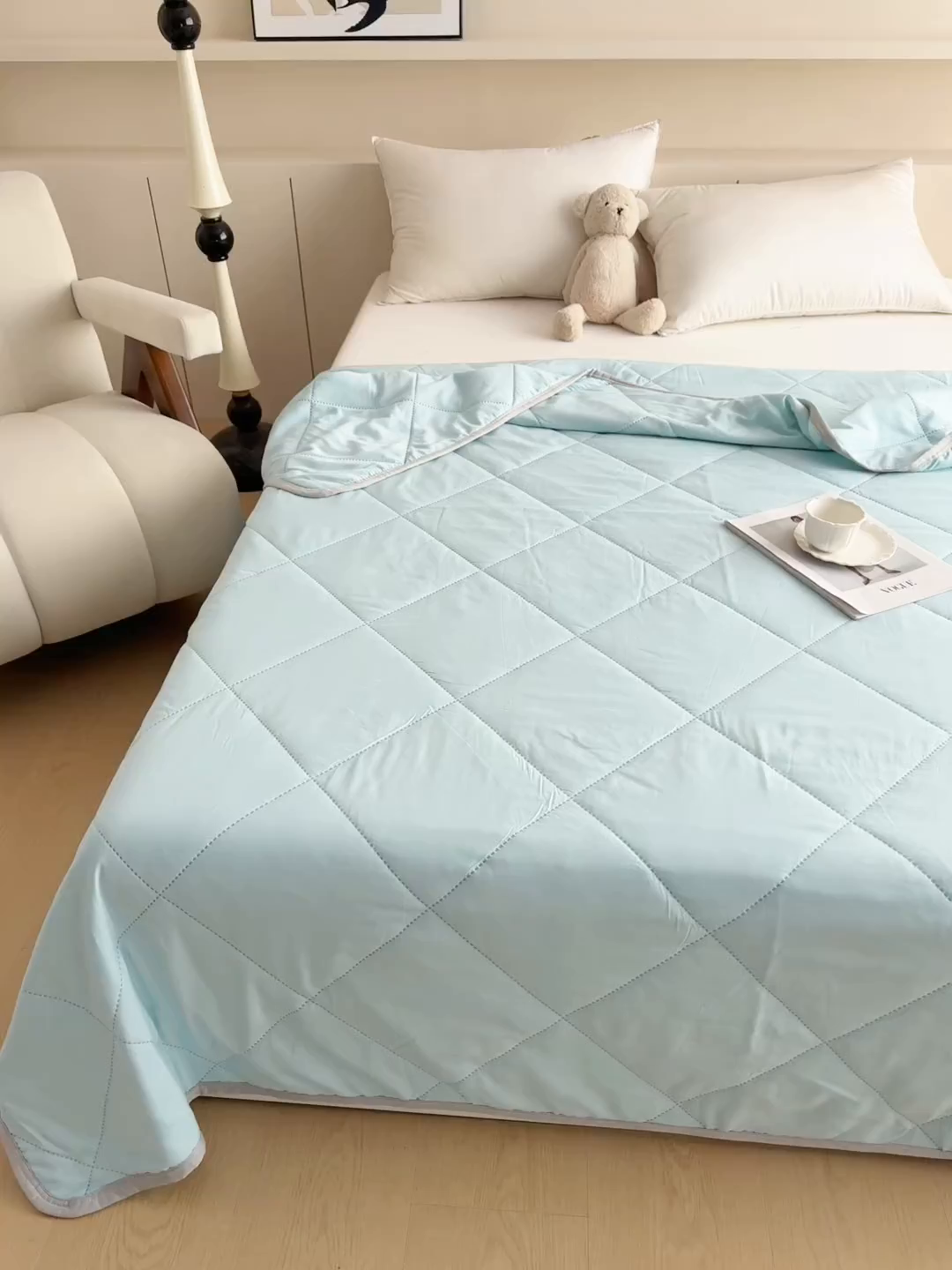 91家纺网 家纺一手货源 找家纺 薇玛仕 2026跨境电商外贸款 纯色亲肤磨毛超声波夏凉被空调被 天空蓝