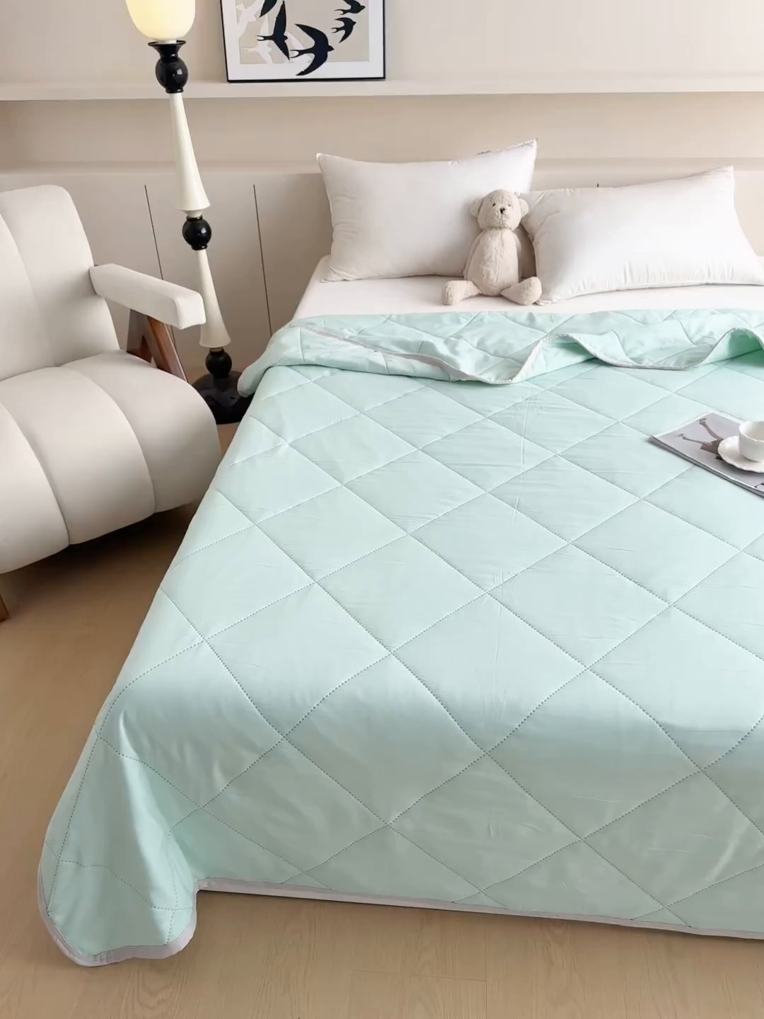 91家纺网 家纺一手货源 找家纺 薇玛仕 2026跨境电商外贸款 纯色亲肤磨毛超声波夏凉被空调被 湖水蓝