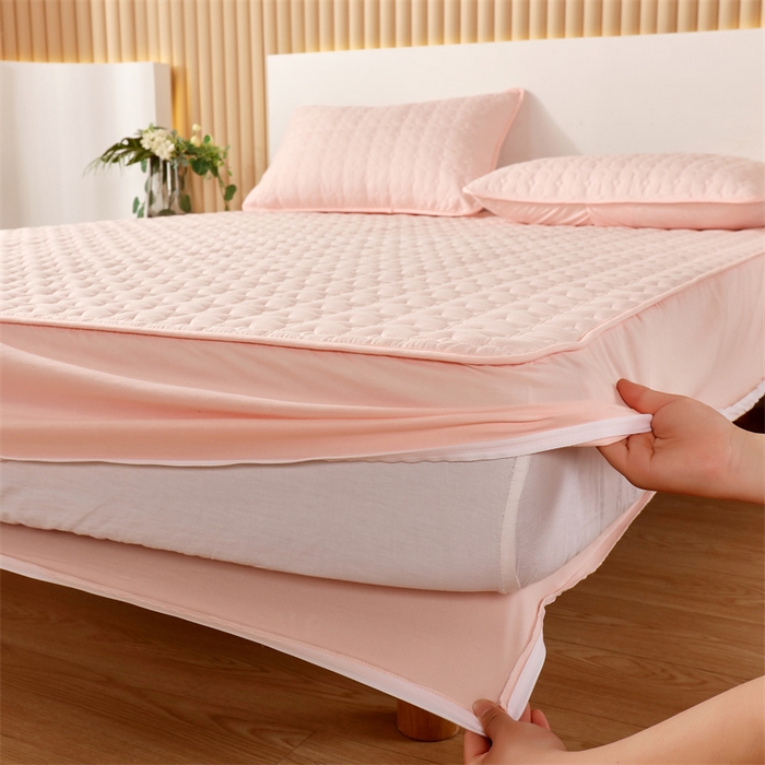 91家纺网 家纺一手货源 找家纺 伊赛家纺 2026新款可拆卸六面全包床笠 粉玉