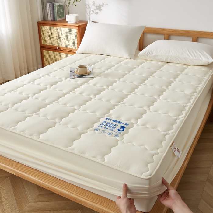 伊赛家纺 2026新款抗菌防螨夹棉大方格床笠 米黄色