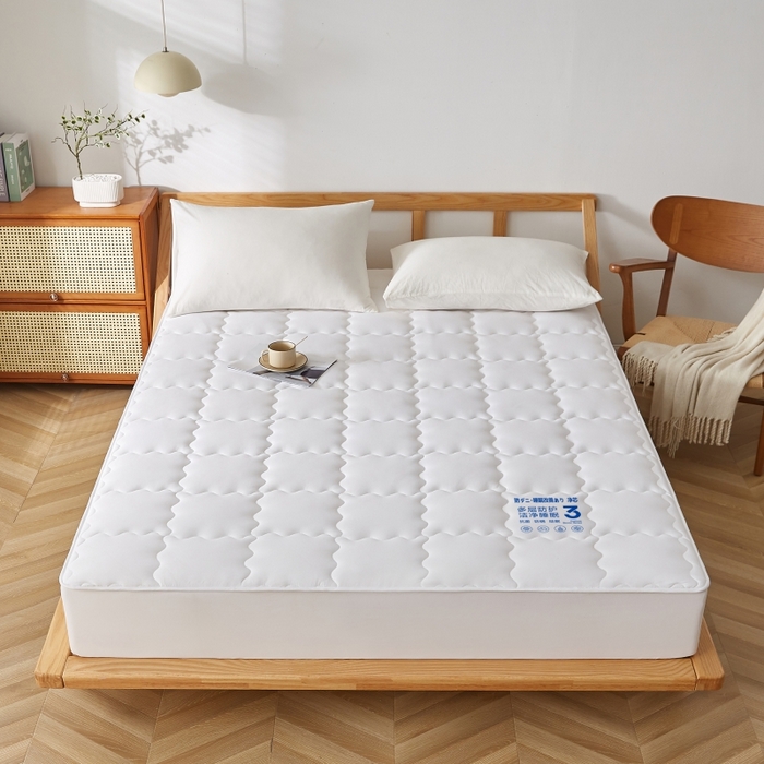 91家纺网 家纺一手货源 找家纺 伊赛家纺 2026新款抗菌防螨夹棉大方格床笠 纯白色