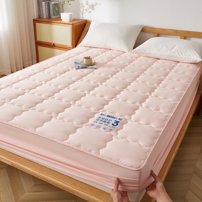 伊赛家纺 2026新款抗菌防螨夹棉大方格床笠 樱花粉