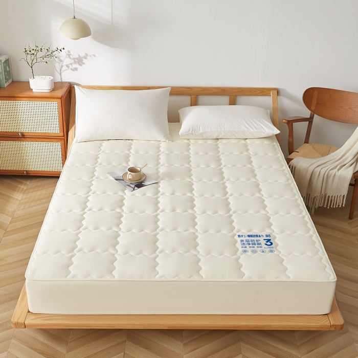 91家纺网 家纺一手货源 找家纺 伊赛家纺 2026新款抗菌防螨夹棉大方格床笠 米黄色