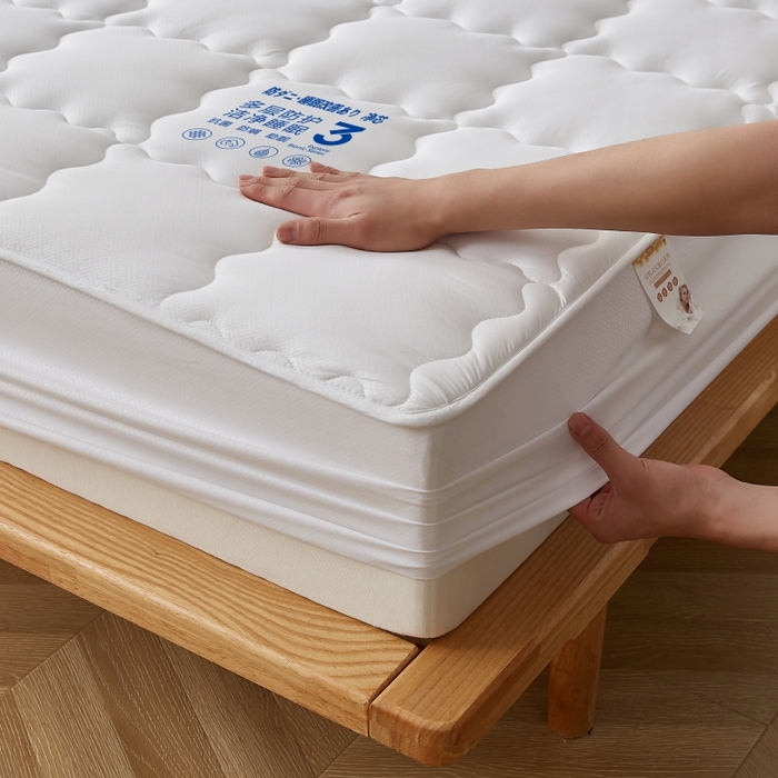 91家纺网 家纺一手货源 找家纺 伊赛家纺 2026新款抗菌防螨夹棉大方格床笠 纯白色