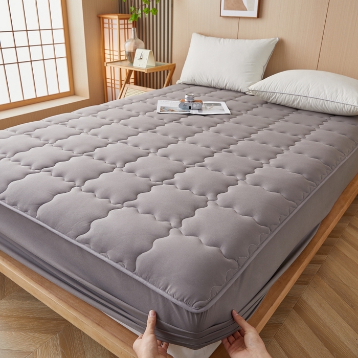 伊赛家纺 2026新款抗菌防螨夹棉大方格床笠 高级灰